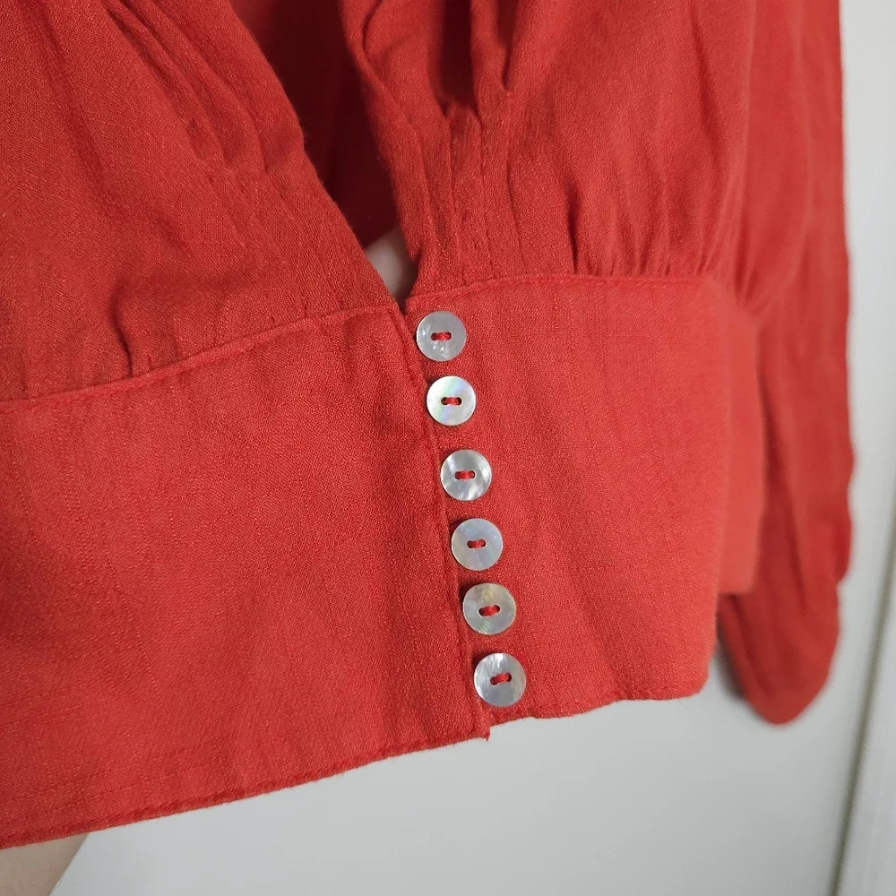 FREE PEOPLE Long Sleeve Deep V-Neck Gauzy Boho Top W/ Mother of Pearl Buttons, M - Picture 5 of 15